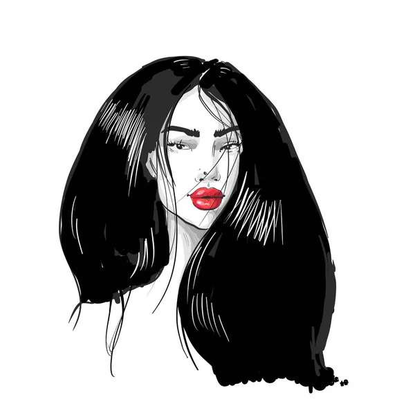 Jonge Aziatische vrouw met rode lippen. Fashion vector illustratie geïsoleerd op wit. Kan worden gebruikt als een gezichtskaart of voor kappers Skincare, professionele kappers, schoonheidssalon concept. — Stockvector