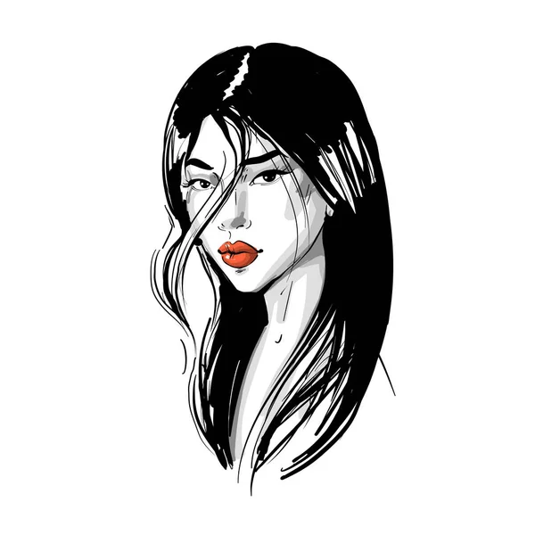 Νεαρή Ασιάτισσα με κόκκινα χείλη και μακριά μαλλιά. Εικονογράφηση φορέα μόδας που απομονώνονται σε λευκό. Μπορεί να χρησιμοποιηθεί ως γράφημα προσώπου ή για κομμωτές Skincare, επαγγελματική κομμωτική, σαλόνι ομορφιάς — Διανυσματικό Αρχείο