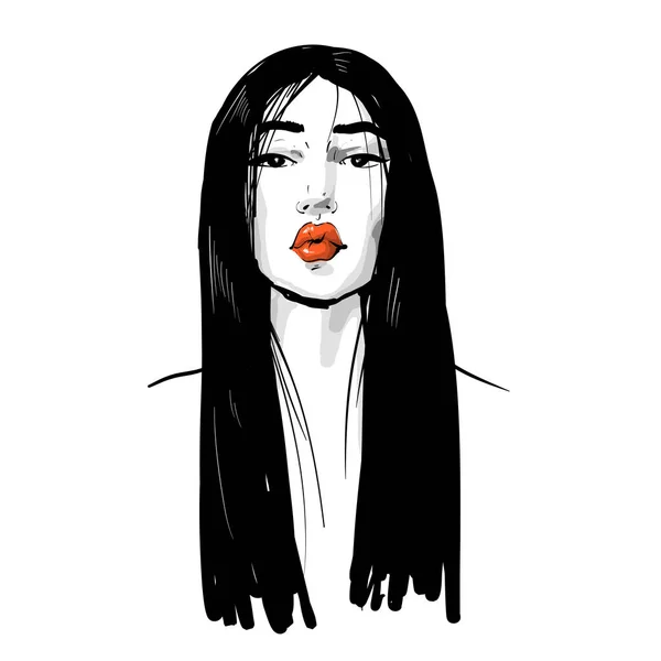 Joven mujer de belleza asiática con labios rojos pelo largo negro. Ilustración vectorial de moda aislada en blanco. Puede ser utilizado como un gráfico facial o para peluqueros Cuidado de la piel, peluquería profesional, salón de belleza — Vector de stock