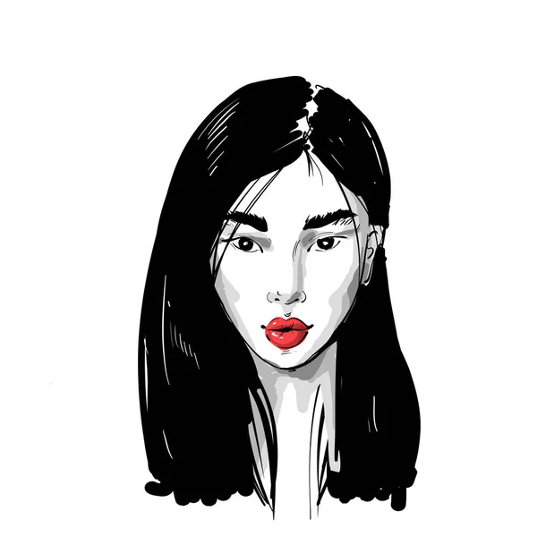 Portrait dessiné à la main d'une fille asiatique avec des lèvres rouges illustration de mode pour les impressions, coiffeurs, matériel publicitaire — Image vectorielle