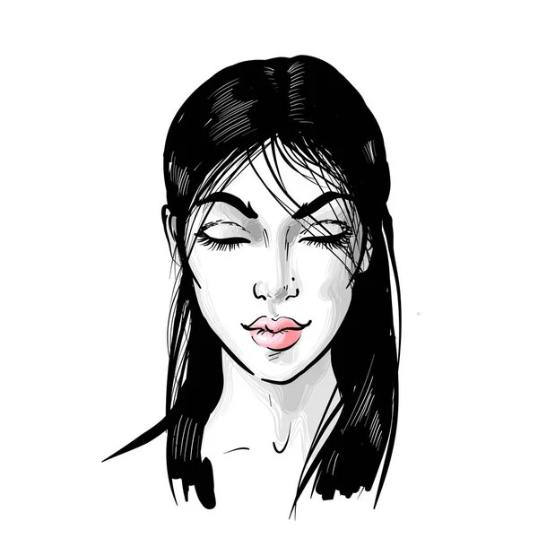 Joli portrait de femme asiatique aux yeux fermés et aux lèvres roses en médiation. Illustration vectorielle dessinée à la main en noir et blanc — Image vectorielle