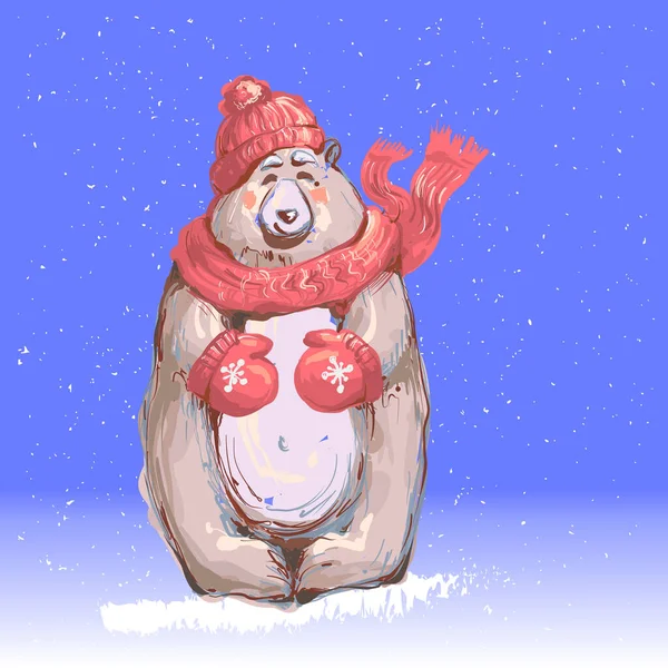 Рождественская открытка из бурого медведя с зимним шарфом, шляпой и перчатками — стоковый вектор