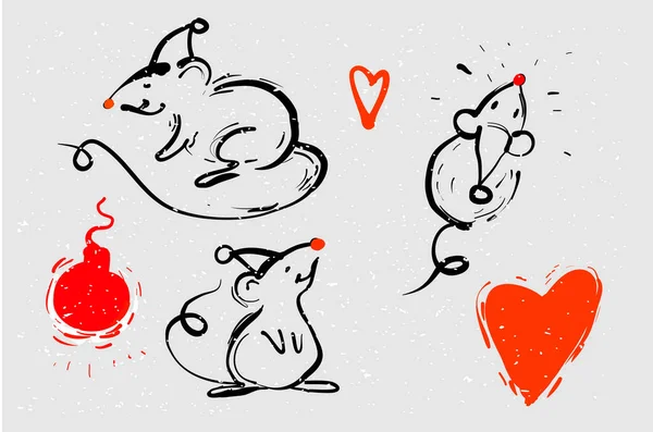 Des rats dessinés à la main dans des chapeaux de Noël. Illustration vectorielle Doodle pour carte de vœux, affiches, autocollants. Animaux vectoriels dans le style ligne à la mode. Élément design de Noël . — Image vectorielle