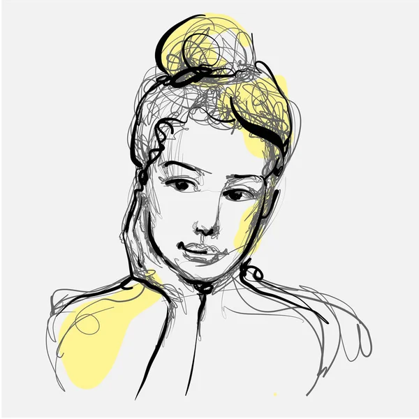 Belle femme visage pensée illustration vectorielle dessinée à la main. Portrait graphique original élégant avec beau modèle jeune fille attrayante. Mode, style, beauté. Dessin graphique, croquis désordonné . — Image vectorielle