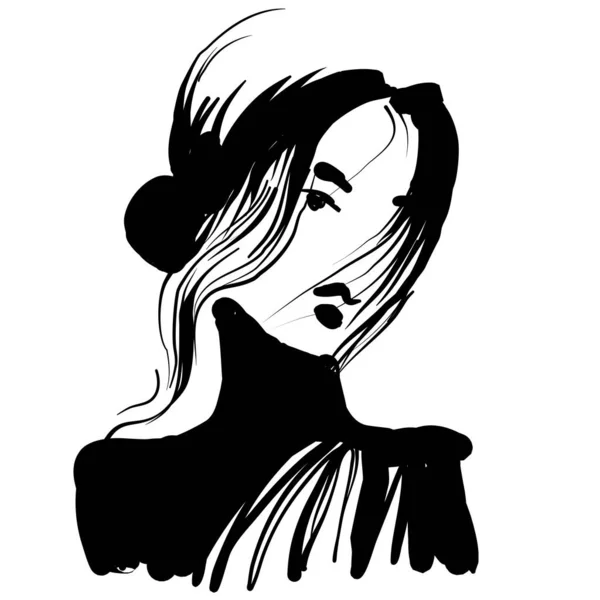 Beleza menina rosto retrato moda ilustração preto e branco —  Vetores de Stock