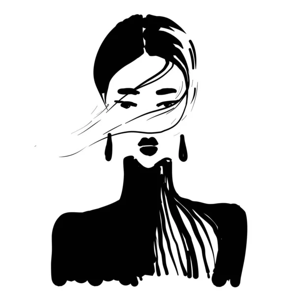 Piękno dziewczyna twarz w kolczyki portret moda ilustracja czarny i biały — Wektor stockowy