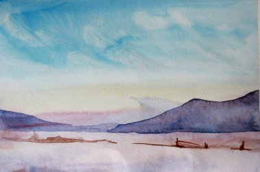 Gökyüzünde mavi bulutlar olan su rengi manzara