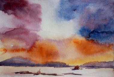 Gökyüzünde mavi bulutlar olan su rengi manzara