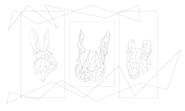 Simple ligne vecteur polygone art de l'ensemble avec des têtes d'animaux rongeurs - écureuil lapin et souris — Image vectorielle