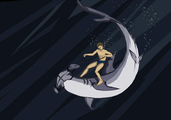 Arte digital de homem barbatana montando no tubarão-martelo no oceano — Fotografia de Stock