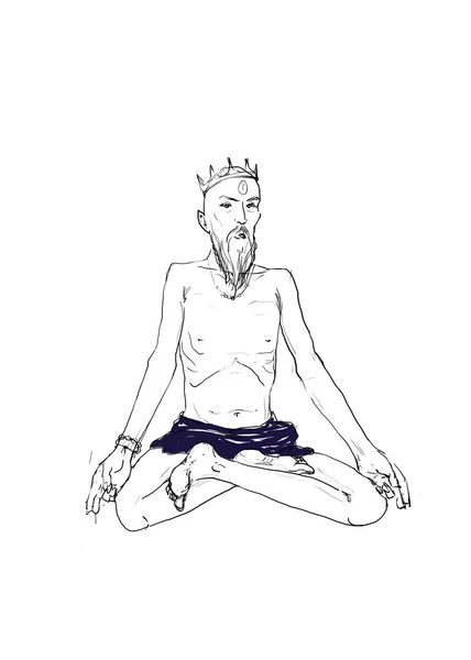 Arte digital del anciano con barba y corona en pose de yoga — Foto de Stock