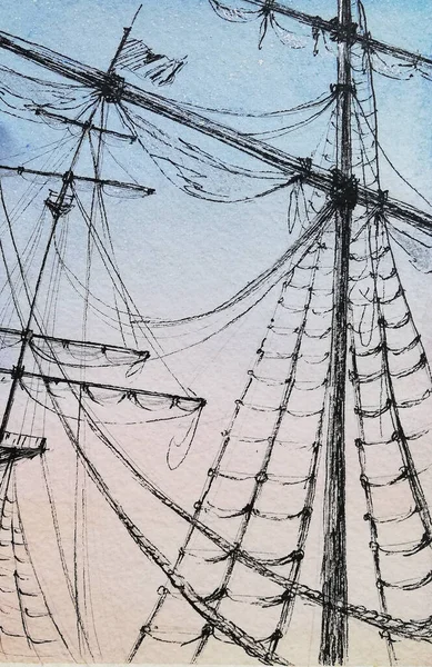 hand drawing ink illustration of ships mast on gradient colors background