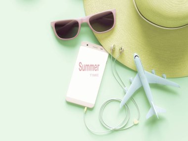 Yaz arka plan kavramı. Güneş gözlüğü ile müzik dinleme ve uçak oyuncak şapka, kırpma yolu için smartphone ve metni, 3d model pembe render.