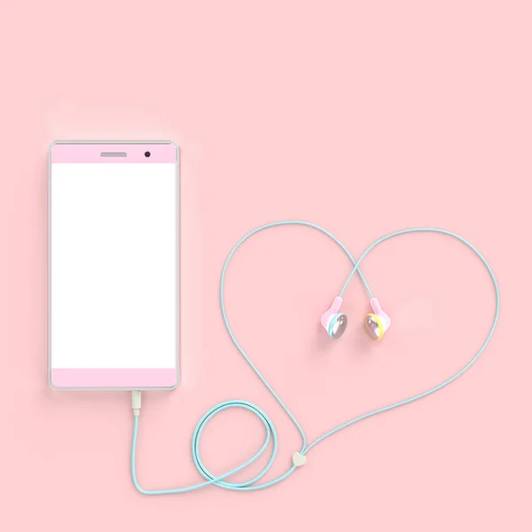 smart phone pastel pink color and earphones wire heart shape on pastel pink background. clipping path and copy space for your text, love concept. 3d render