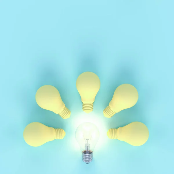 Light bulb yellow color on pastel blue background with copy space for your text. minimal concept, 3d render.