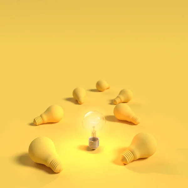 Fark ve yaratıcı kavramı. Ampul ampul sarı pastel renk arka plan kopya alanı metni ile arasında. 3D render.