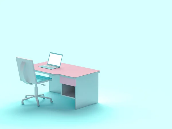 Masa ve sandalye pastel mavi renk ile kopya alanı metniniz için laptop. En az kavramı 3d render.