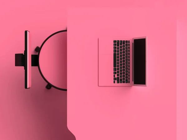Ноутбук Столі Стілець Рожевого Кольору Зверху Місцем Копіювання Вашого Тексту — стокове фото
