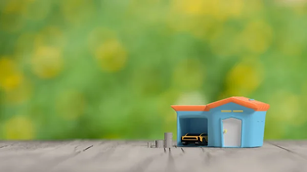 Storting Doel Concept Piggy Bank Huis Vorm Met Automodel Met — Stockfoto