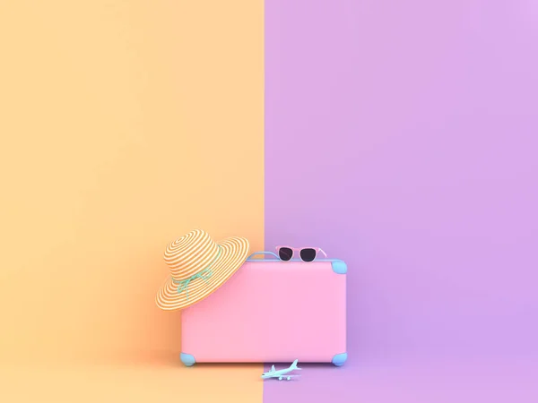 Bavul pastel pembe ve mor renk güneş gözlüğü ve şapka ile seyahat. Yaz kavramı, 3d render.