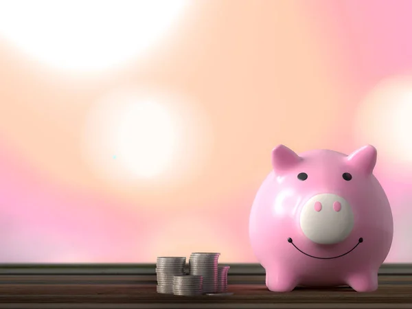 Piggy Bank Pink Color Coins Stack Blurred Background Deposit Concept — Stock Photo, Image