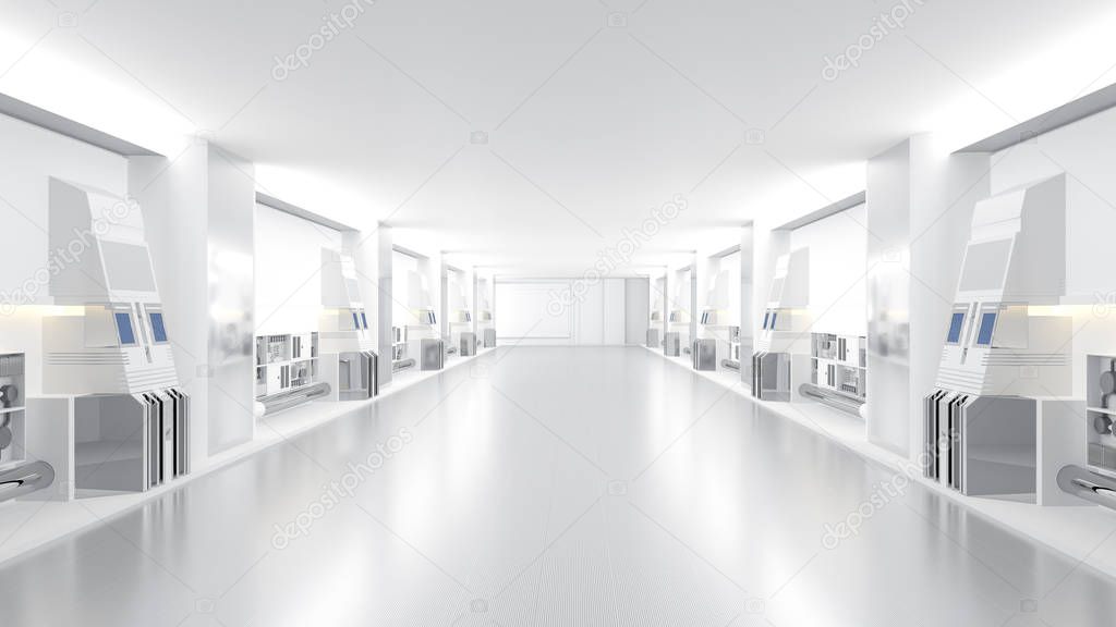 spaceship or science lap, sci-fi corridor white color , 3D render.