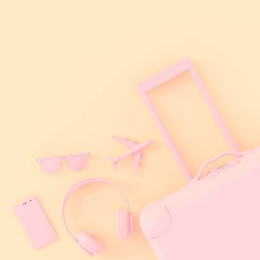 Bavul pembe renk model uçak ile kulaklık ve pastel pembe smartphone ile güneş gözlüklü. en az stil, 3d render.