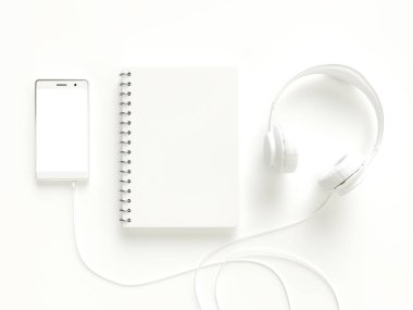 Defter ile akıllı telefon ve kulaklık Beyaz renk, en az kavramı 3d render.