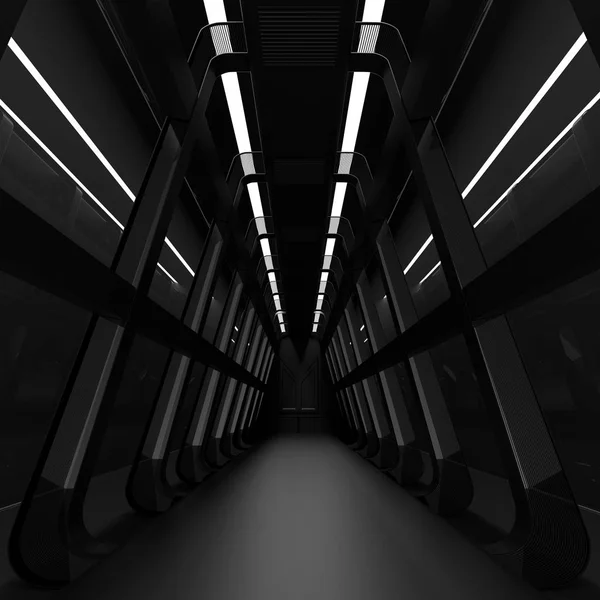 realistic spaceship sci-fi corridor in space, 3D render.