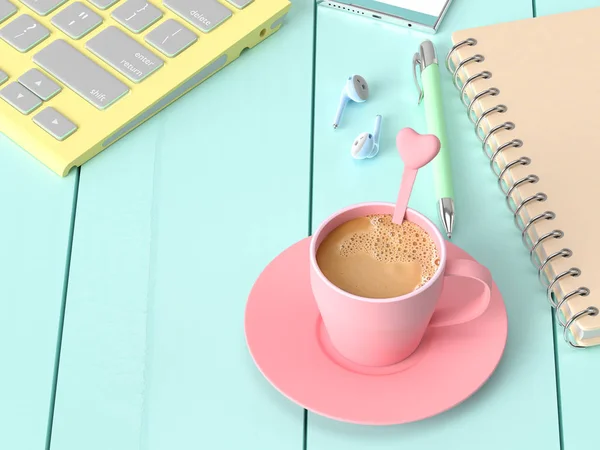 Çalışma masası ile defter, kalem klavye, akıllı telefon ve kulaklık üzerinde pembe Kupası Kahve süt. Pastel kavramı 3d render.