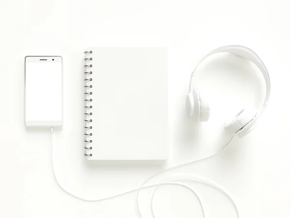 笔记本电脑与智能手机和耳机白颜色 最小概念3D — 图库照片