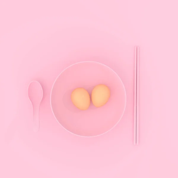 Telur Goreng Piring Dengan Sendok Dan Sumpit Warna Merah Muda — Stok Foto