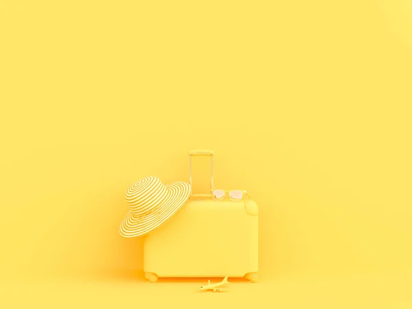 Suitcase Yellow Color Sunglasses Hat Model Airplane Yellow Background Summer — Stock Photo, Image