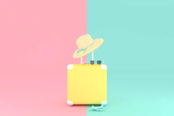Bavul Sarı Rengi Pembe Mavi Pastel Renk Arka Plan Üzerinde — Stok fotoğraf