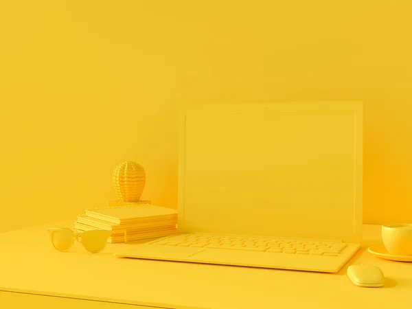 최소한의 노트북 테이블 색깔과 노트북으로 텍스트에 모형에 마우스 선글라스 선인장과 — 스톡 사진
