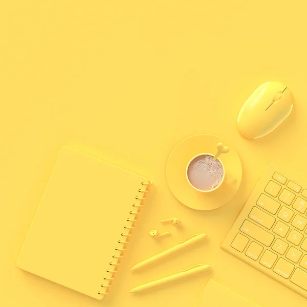En az kavramı. Defter, kalem ve kulaklık iş Danışma sarı pastel renk, 3d render ile klavye yanında sarı Kupası Kahve süt.