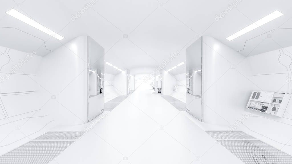 science lap and over light at end selective focus sci-fi corridor , 3D render.