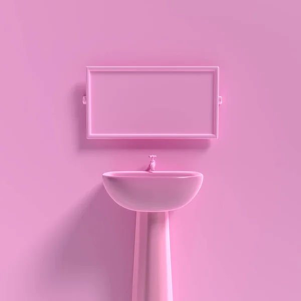 Havzası ve ayna mock-up pembe renk en az kavramı, 3d render.