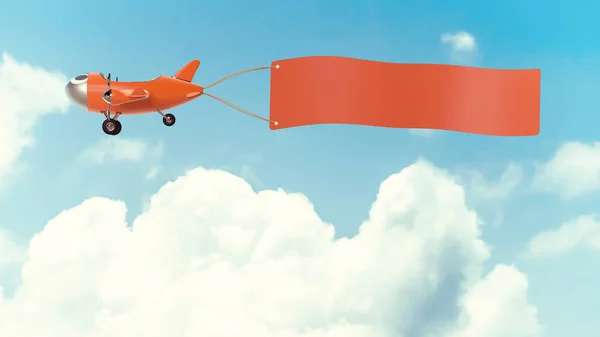 Airplane model orange  color with empty banner mock-up for your text on cloud and sky background, vintage style 3D render.