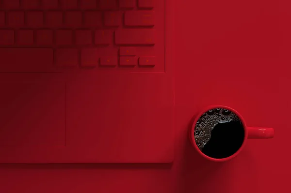 Black coffee red cup on work desk beside laptop red color and copy space for your text. business and minimal concept 3d render.