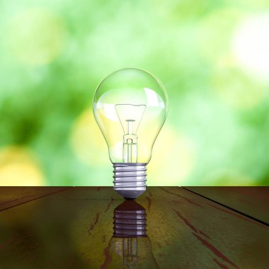 Ahşap masa ve yeşil doğa arka plan, Eko kavramı üzerinde ampul. 3D render.