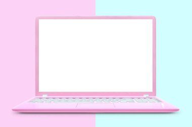 Boş ekran izole ile dizüstü pembe renk ve pembe ve mavi arka plan üzerinde kırpma yolu alay. kavram pastel renk, 3d render.