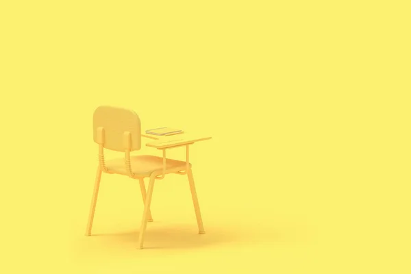 en az kavramı. Defter kalem sarı renk yanında ders sandalyeyle. 3D render.