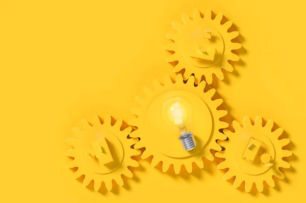 Work Desk Light Bulb Yellow Color Gear Copy Space Your — Stock Photo, Image