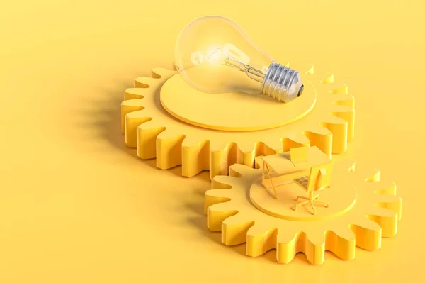 Work Desk Light Bulb Yellow Color Gear Copy Space Your — Stock Photo, Image
