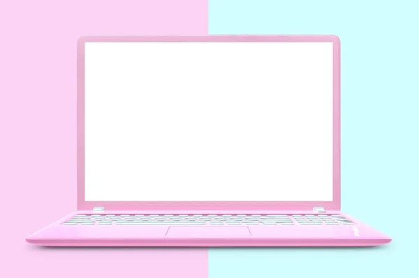分離された空白の画面を持つラップトップ ピンク色とピンクと青の背景にクリッピングパスを模擬します コンセプト パステル カラー のレンダリング — ストック写真