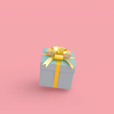 Kırpma yolunu ve kopya alanı metni ile pembe pastel zemin üzerine mavi hediye kutusu. 3D render.