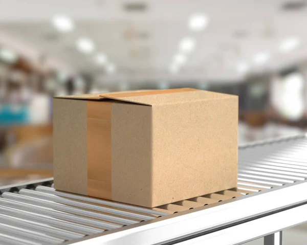 Box on conveyor roller in warehouse mock-up for your text. 3D Rendering