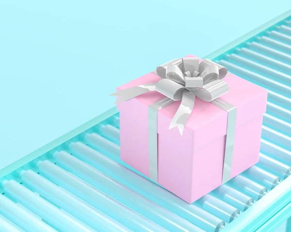 Pink gift box on conveyor roller. New year concept, 3D Render.