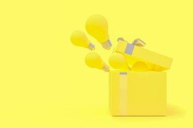 Hediyelik kutu sarı rengi kırpma yolu ile dışarı ampul sürüklendi. Yeni fikir ve İnovasyon kavramı ve en az stil, 3d Render.
